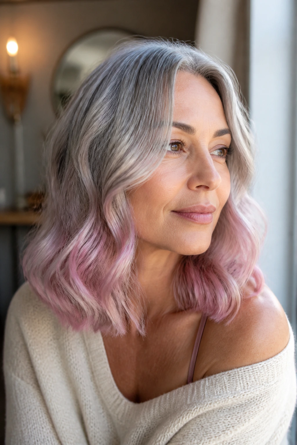 Close-up of a real woman with pink-silver rose quartz tint on shoulder-length hair