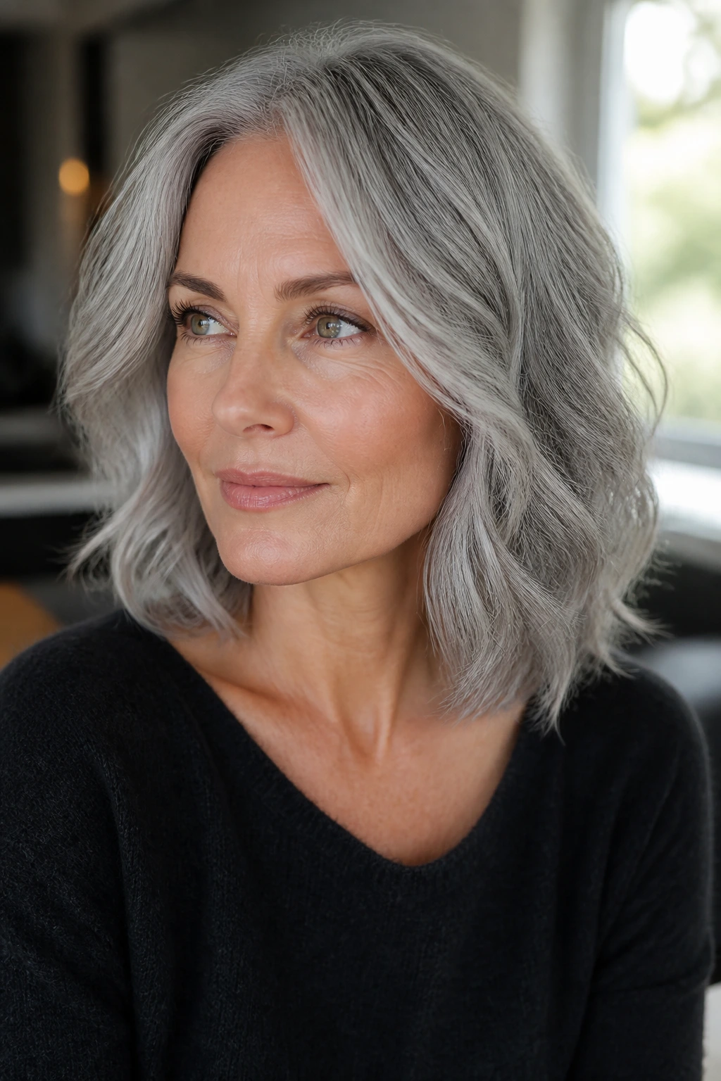 Close-up of a real woman with cohesive silver shade in a modern interior