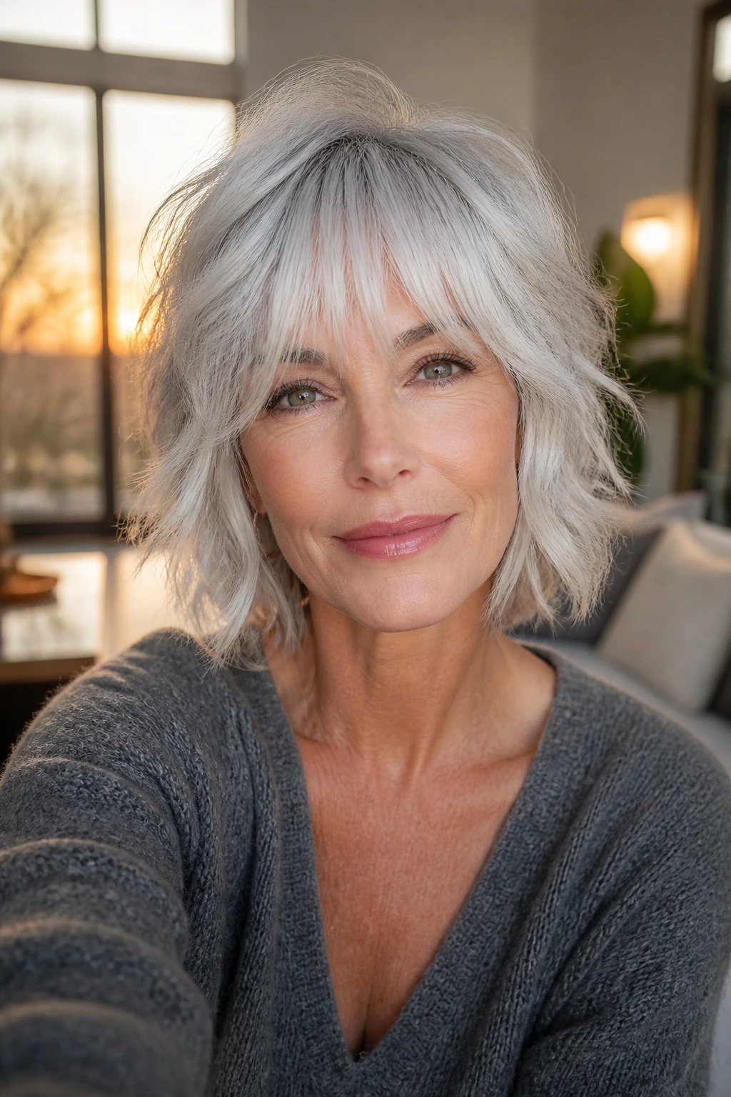 Close-up of a real woman with silver shag and airy fringe in warm window light