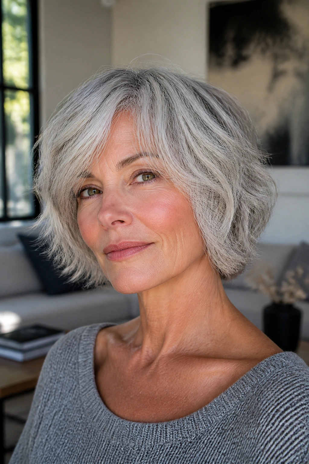 Close-up portrait of an older woman with a silver shag bob showing textured waves