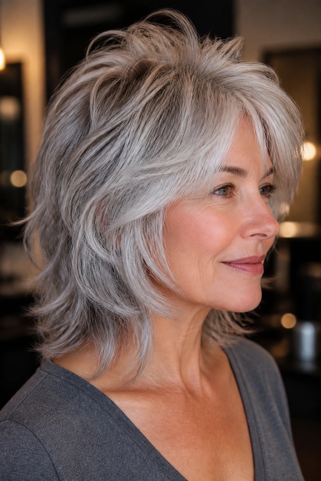 Close-up of a silver-haired woman with lifted crown shag, depth and movement in the layers