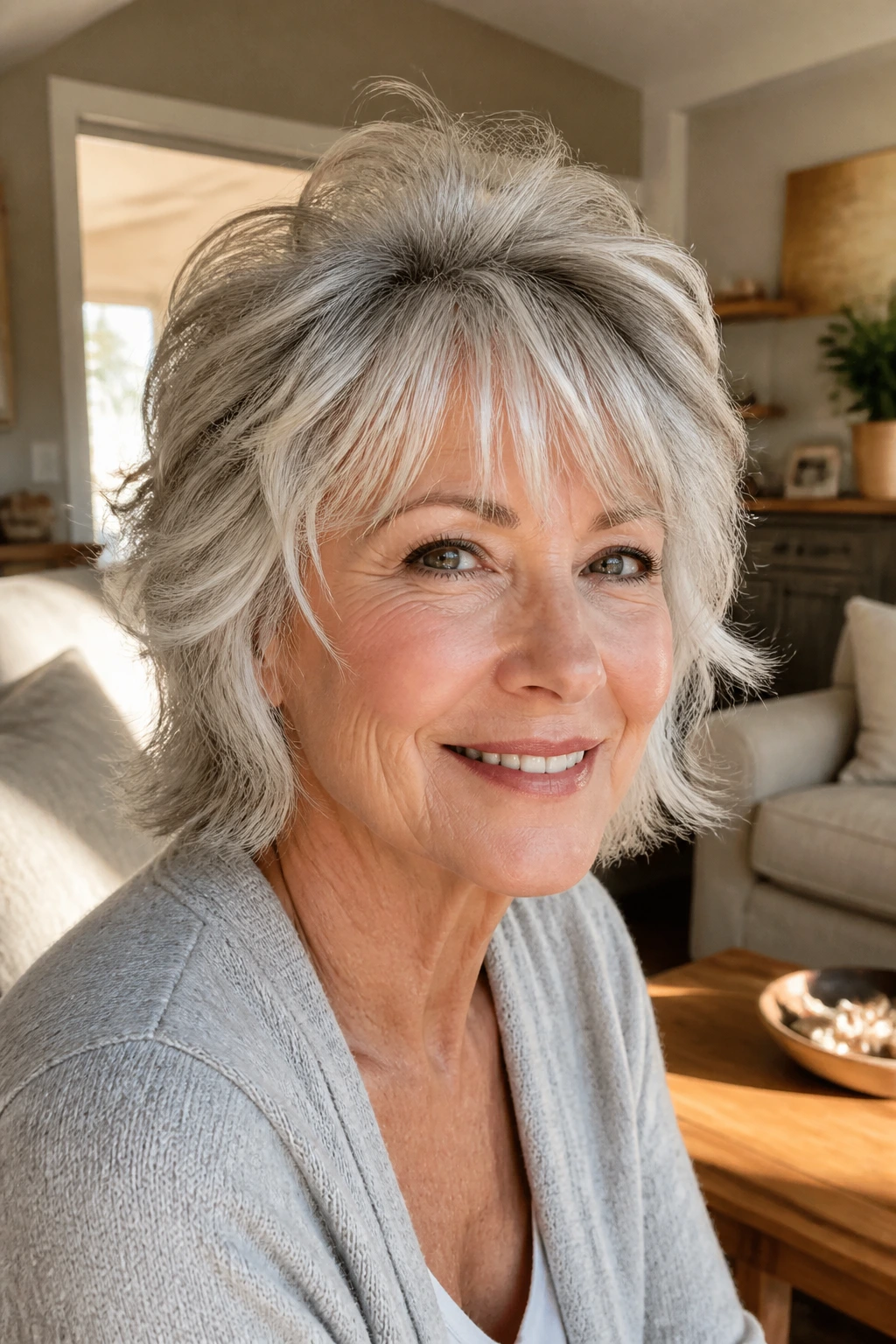 Close-up portrait of a woman with silver shag hairstyle and crown lift.