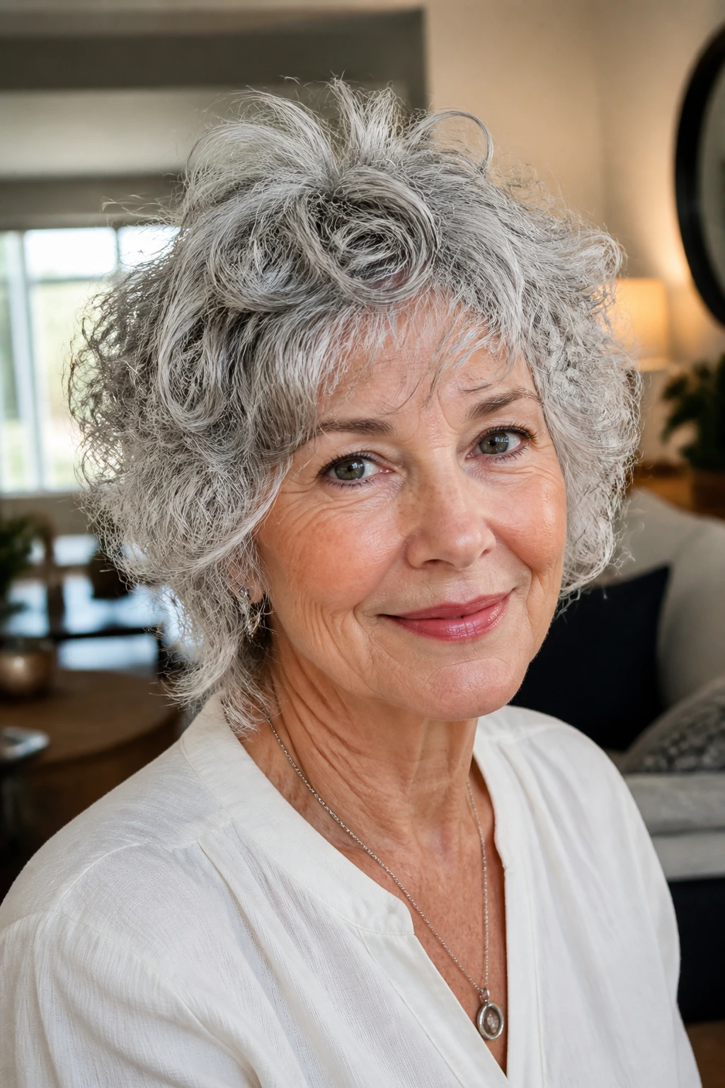 Real woman with Soft Silver Shag hairstyle illustrating variations