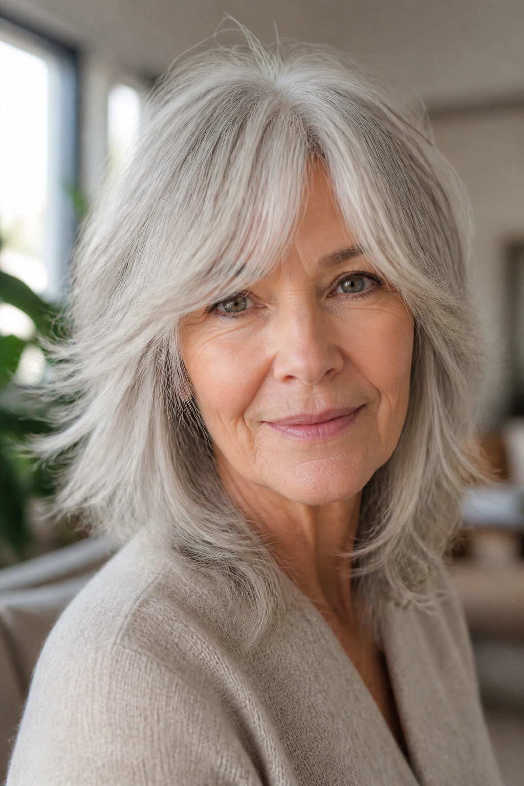 Close-up of a real woman with silver shag and curtain bangs in warm light