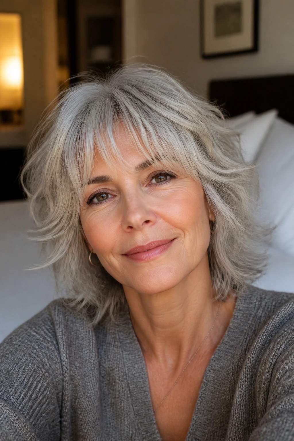 Portrait of a woman with a silver shag haircut and airy fringe in warm room light
