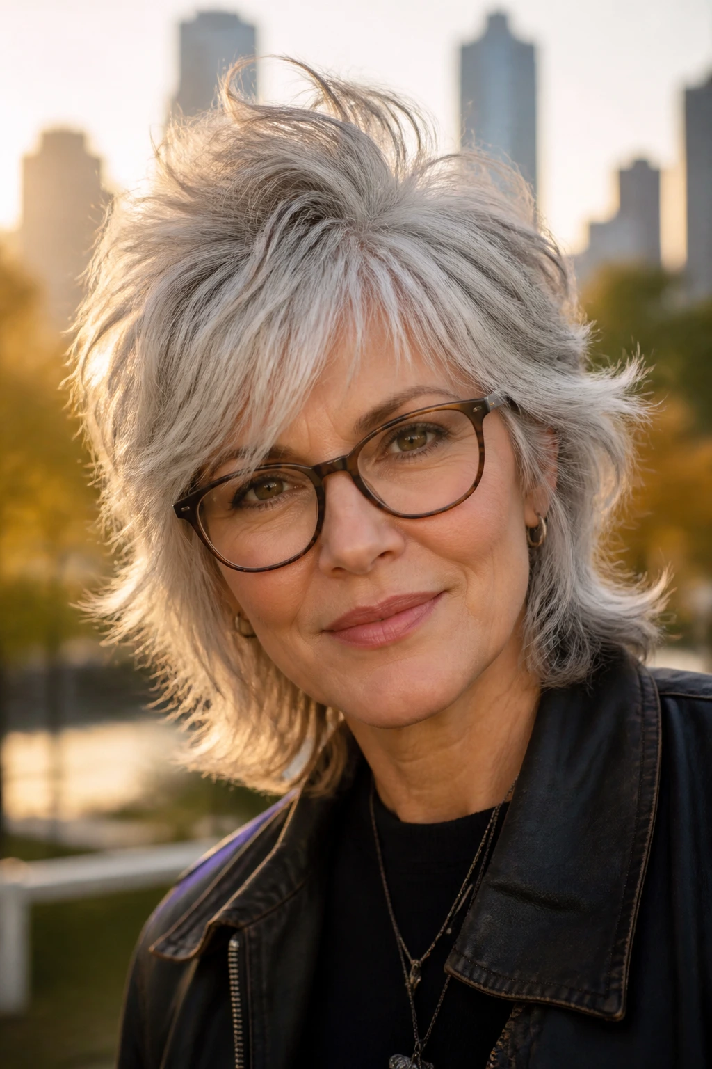 Silver shag hairstyle on a woman wearing glasses outdoors in golden hour light.