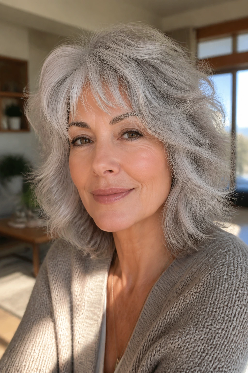 Close-up of an older woman with silver shag and soft layers in natural light.