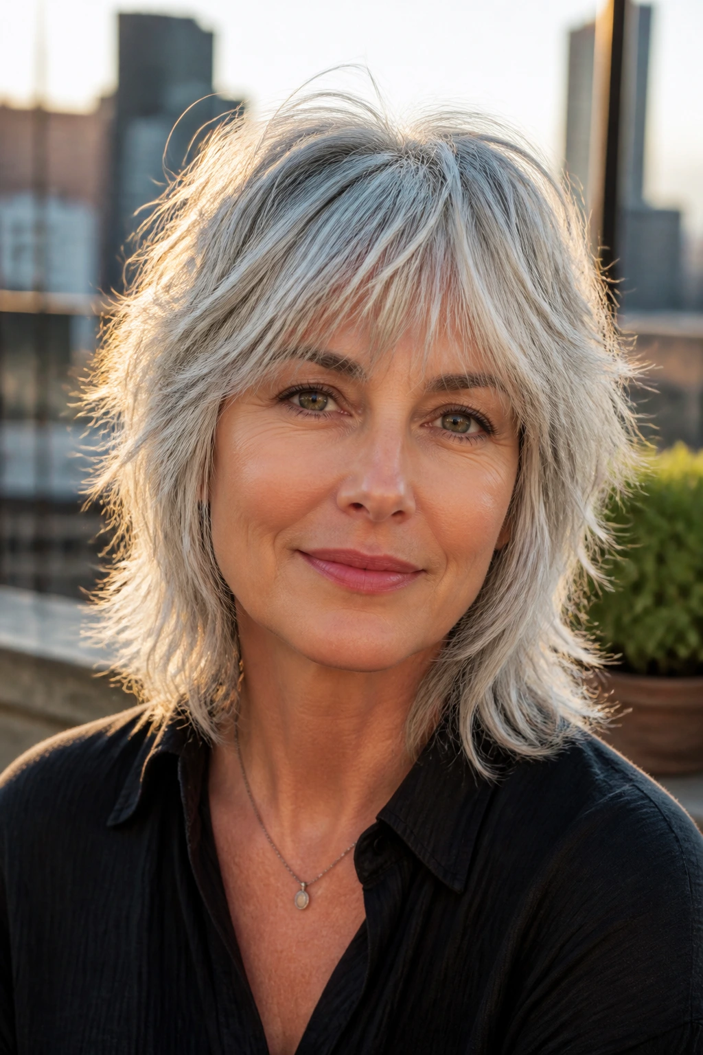 Close-up of a woman with silver hair shag and soft face framing.