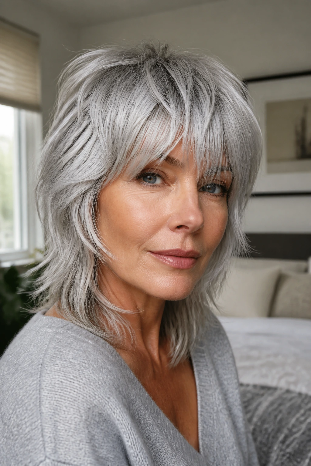 Close-up of a real woman with metallic silver shag hairstyle