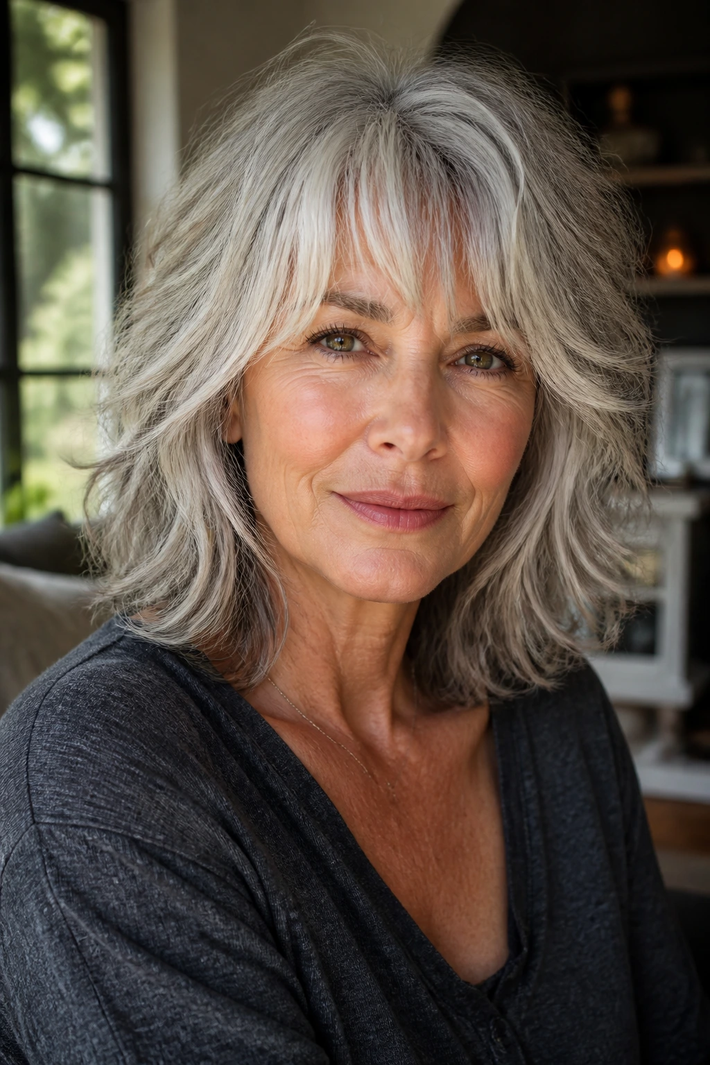 Close-up portrait of a real woman with a silver shag hairstyle showing piecey movement in a warm living room.