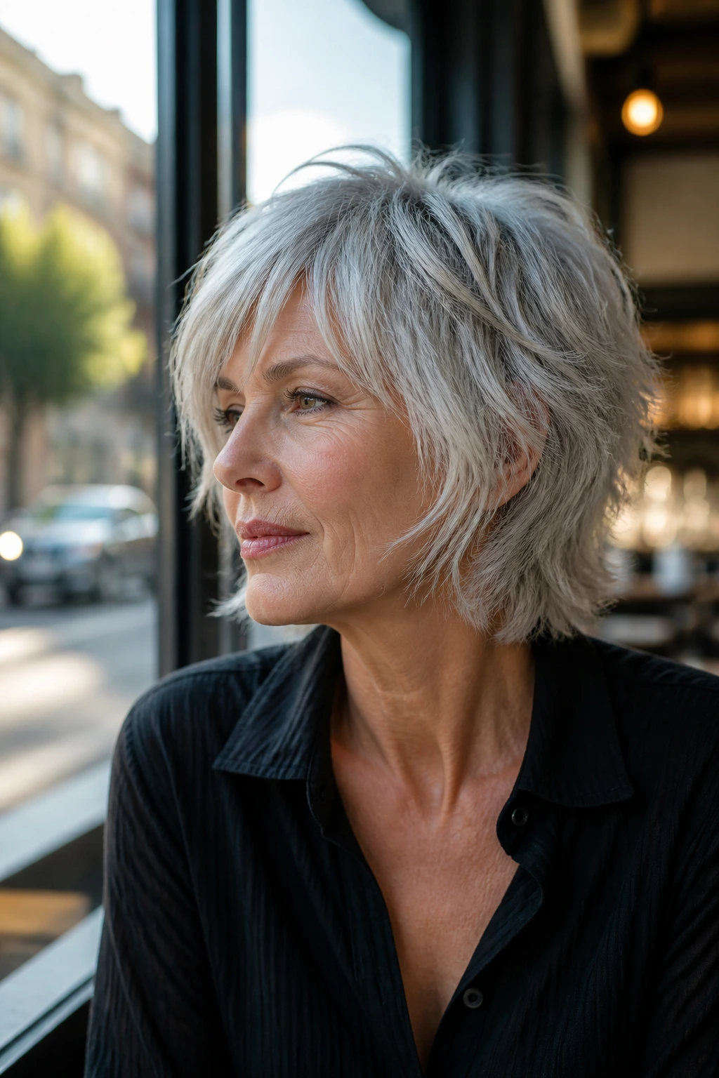 Portrait of a person with silver shag and piecey ends in natural window light.
