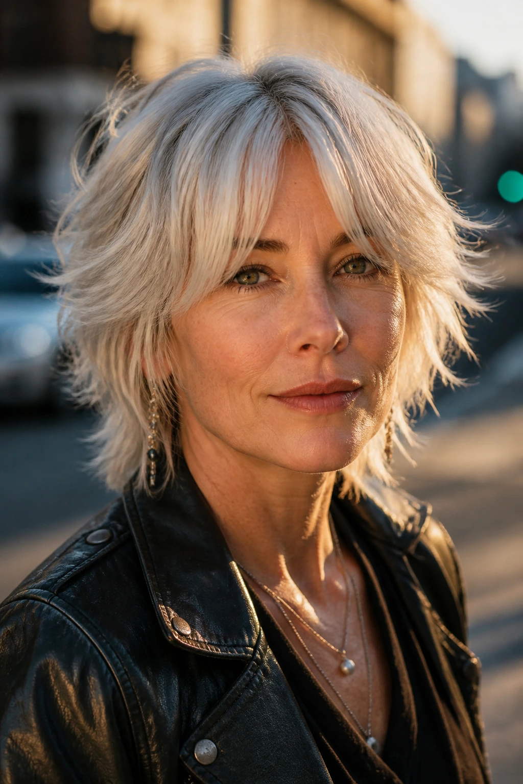 Close-up of a real person with tousled silver shag and curtain bangs in golden hour street light.