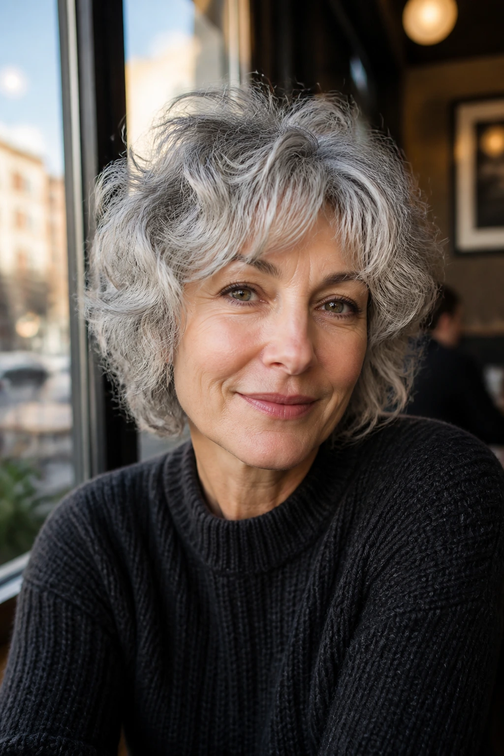 Close-up portrait of a real woman with silver shag and soft layers framing her face.