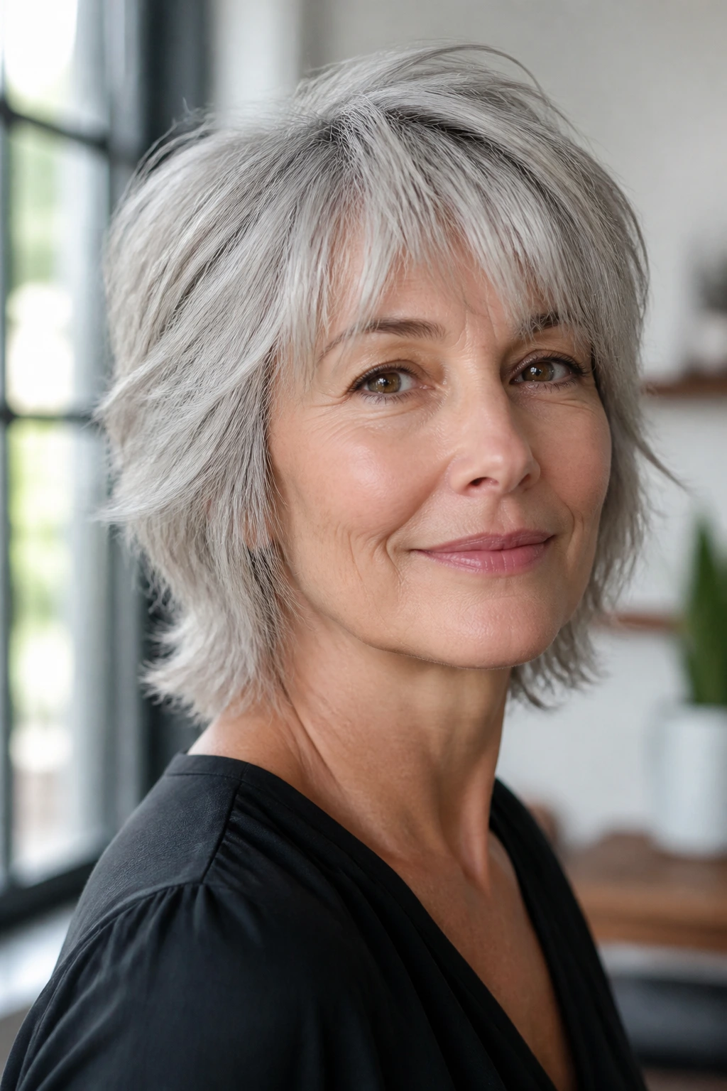 Portrait of a silver-haired woman with wispy-ended shag