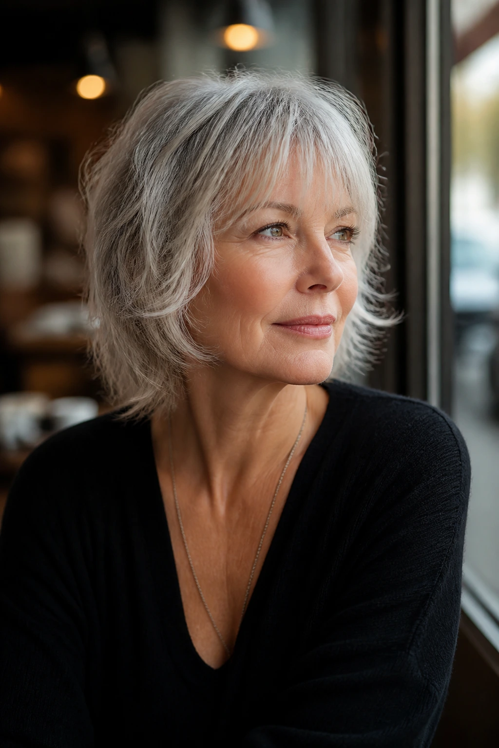 Close-up portrait of a woman with a silver shag and wispy fringe