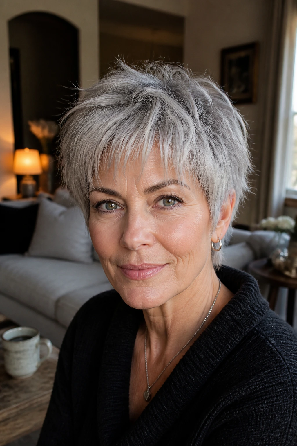 Real woman with silver shaggy pixie in warm living room lighting