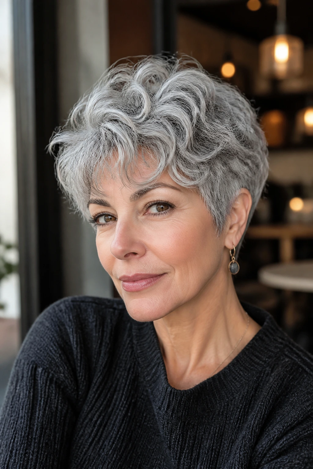 Close-up portrait of a real woman with silver shine pixie wolf hairstyle in soft daylight.