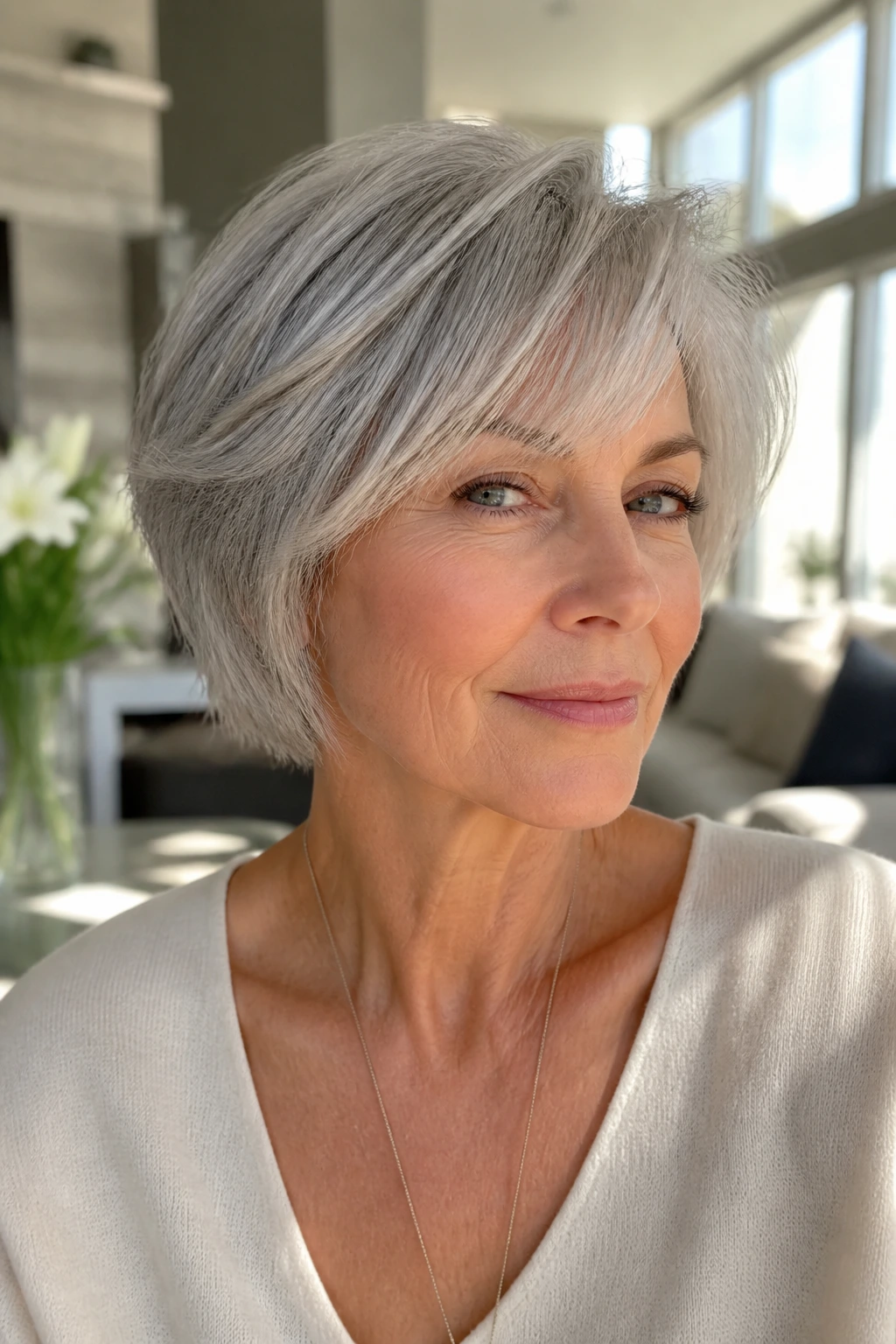 Close-up portrait of an older woman with a silver sliced bob