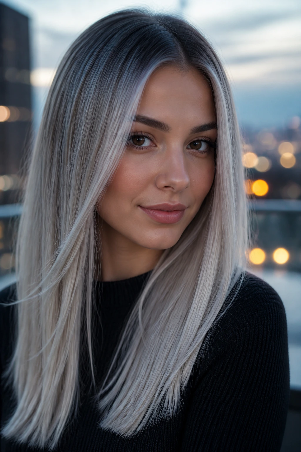 Close-up of a real woman with silver smoke balayage and smoky roots