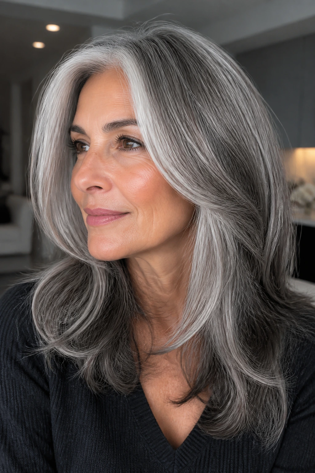 Portrait of a woman with silver and white hair with smoky lowlights and cool gloss