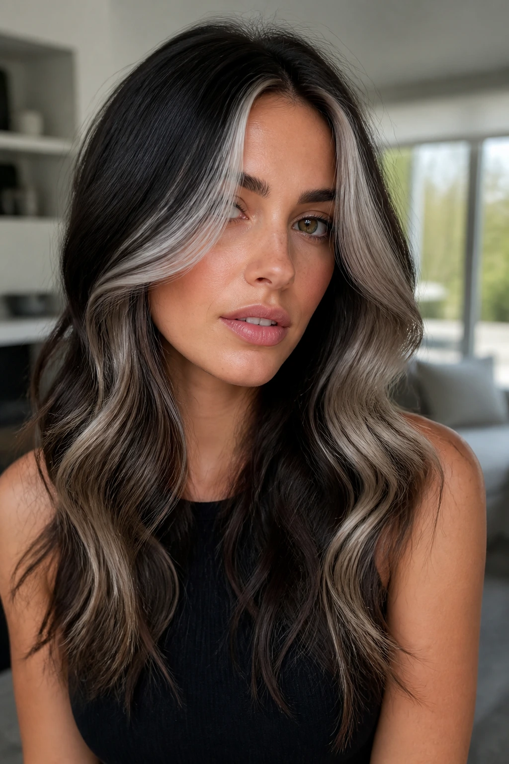 Real woman with silver smoke front frame on dark wavy hair, close-up portrait.