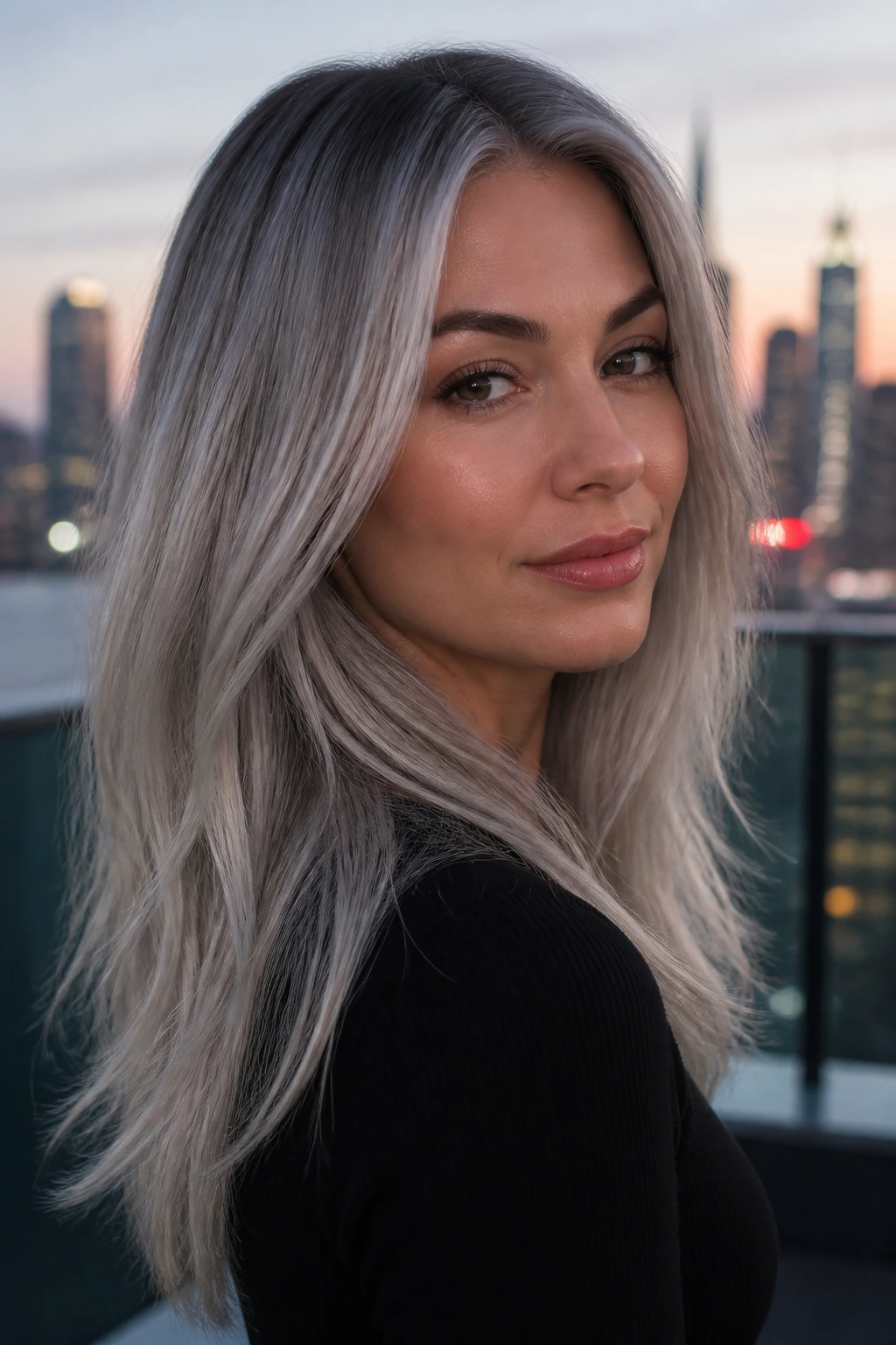 Portrait of a real woman with silver smoke hair in graphite and pearl tones under urban dusk light