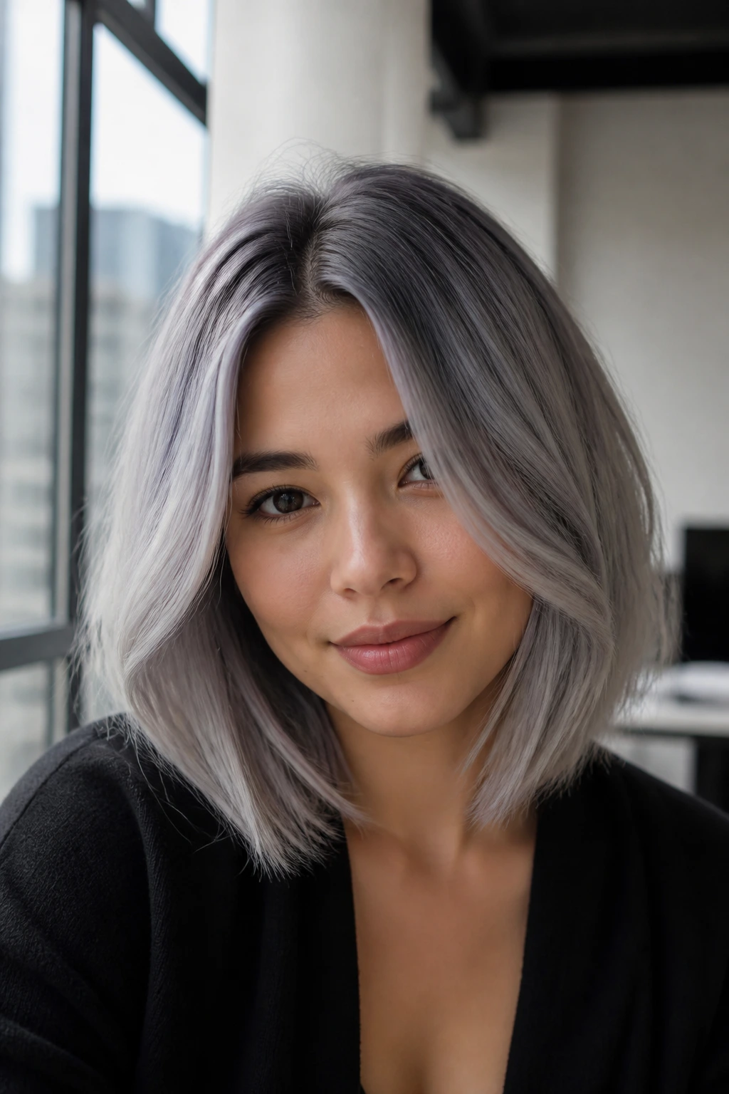 Portrait of a real person with a silver smoke long bob from pale yellow to silver.
