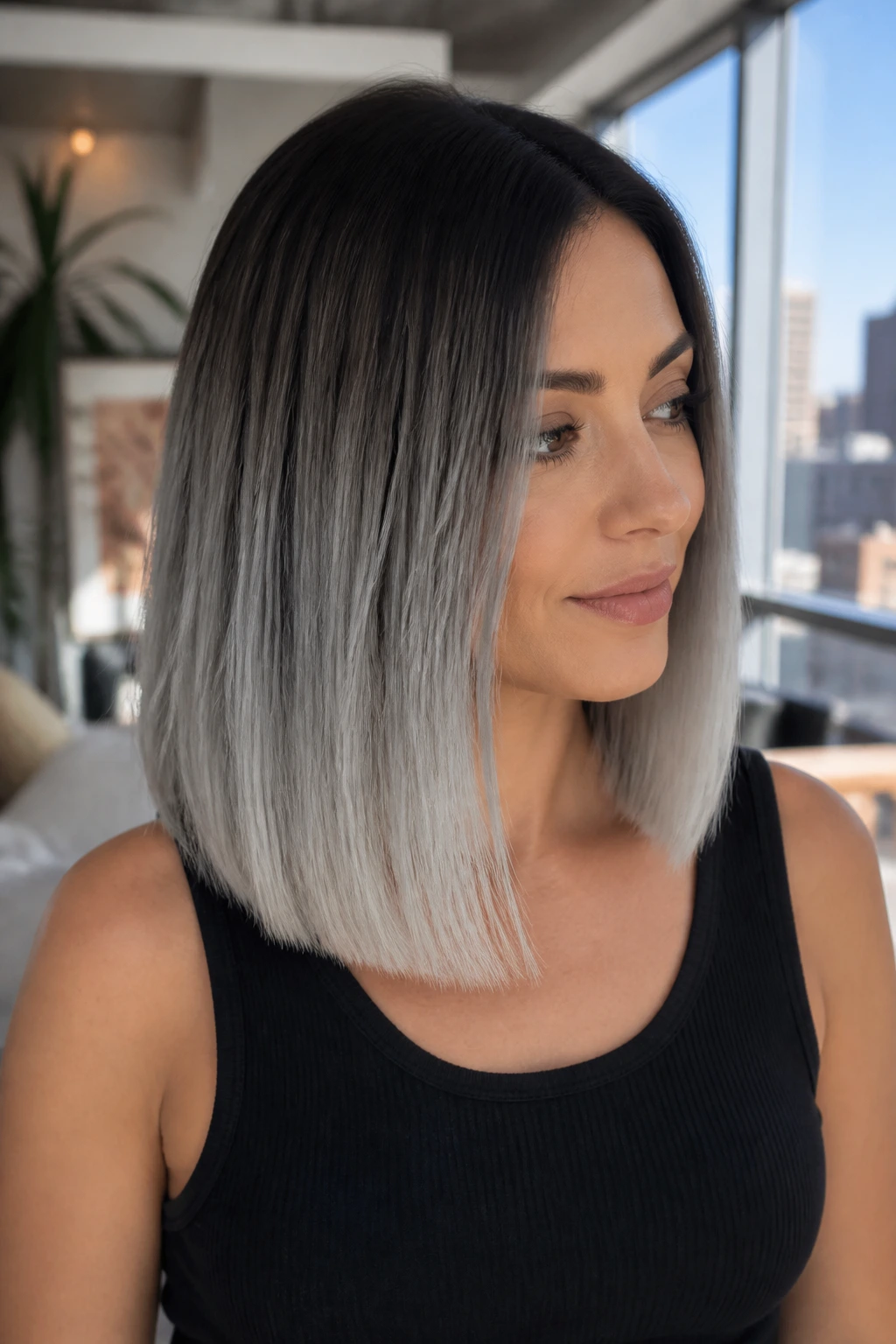Close-up of a woman with silver smoke ombre hair from dark root to smoky silver ends