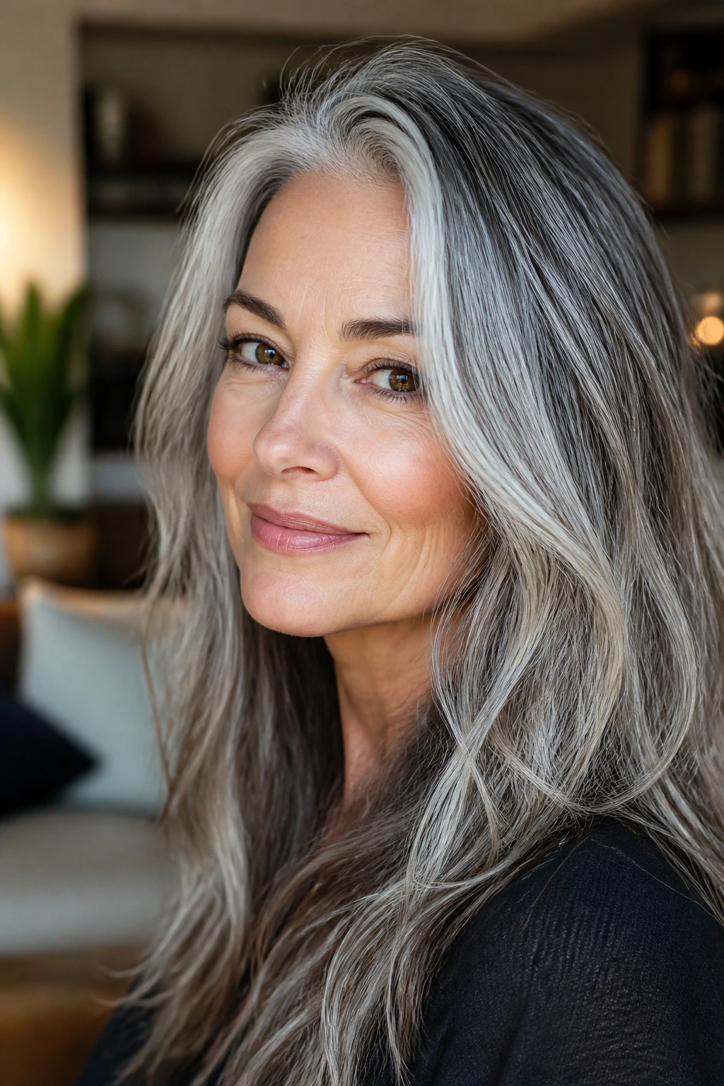Close-up of salt-and-pepper hair with cool silver tones and refined texture