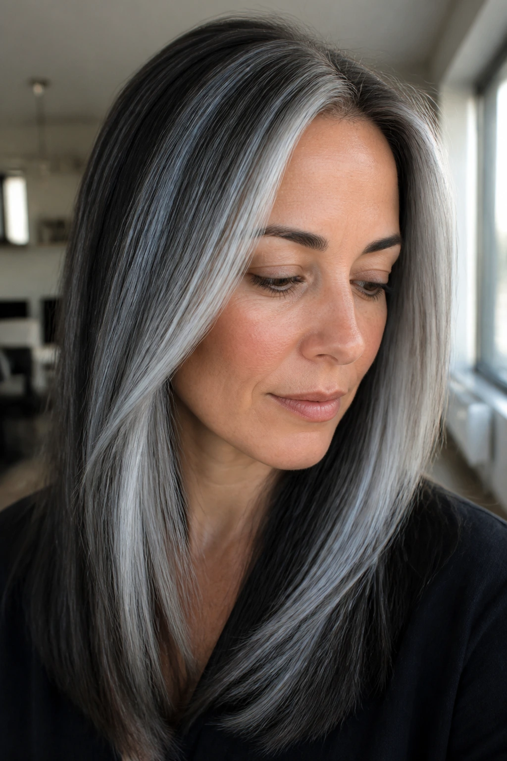 Close-up of straight hair with silver smoke streaks around crown and face frame in natural light