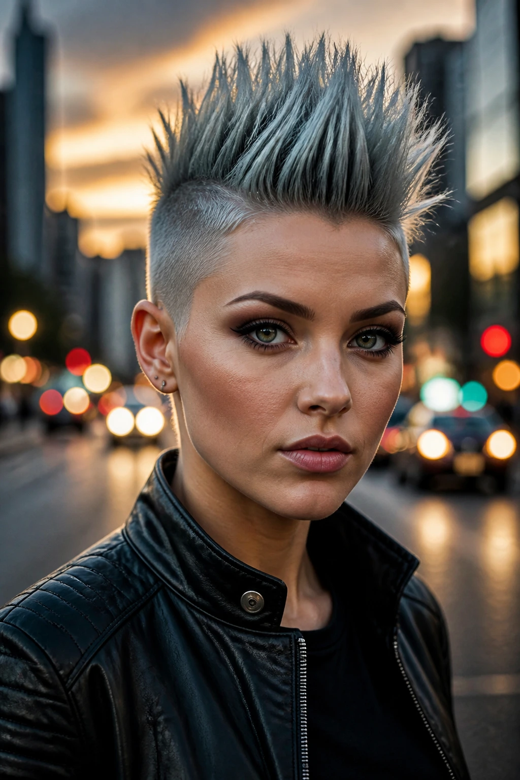Close-up of a person with a silver spiked mohawk and tapered sides