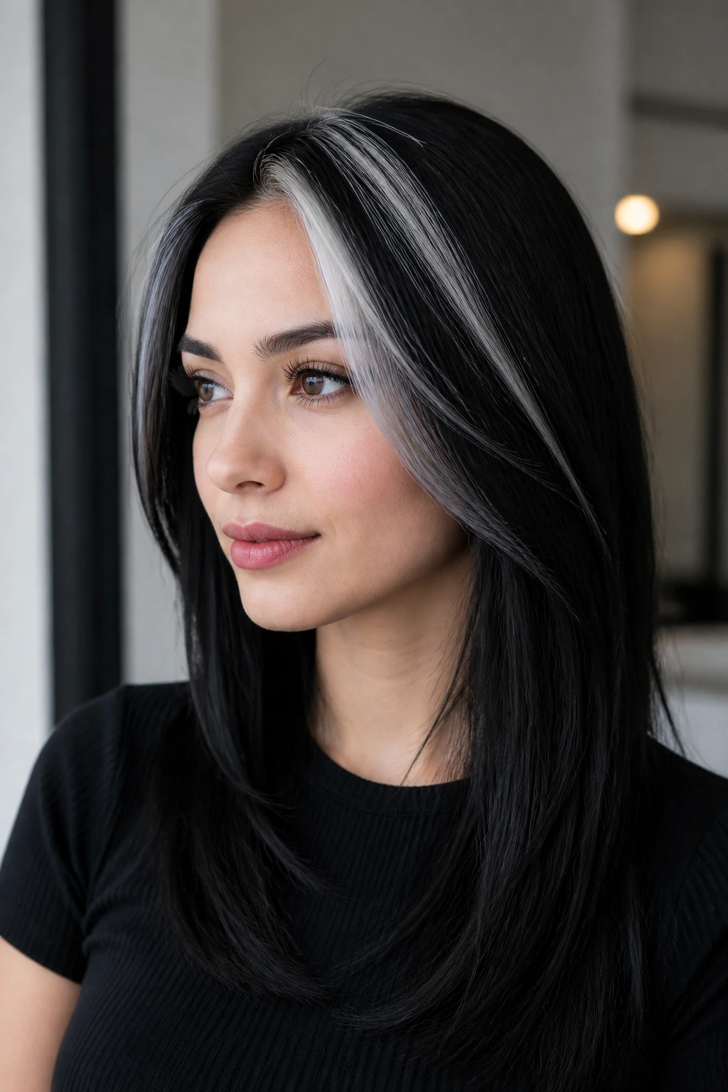 Close-up portrait of real person with black hair and silver streaks