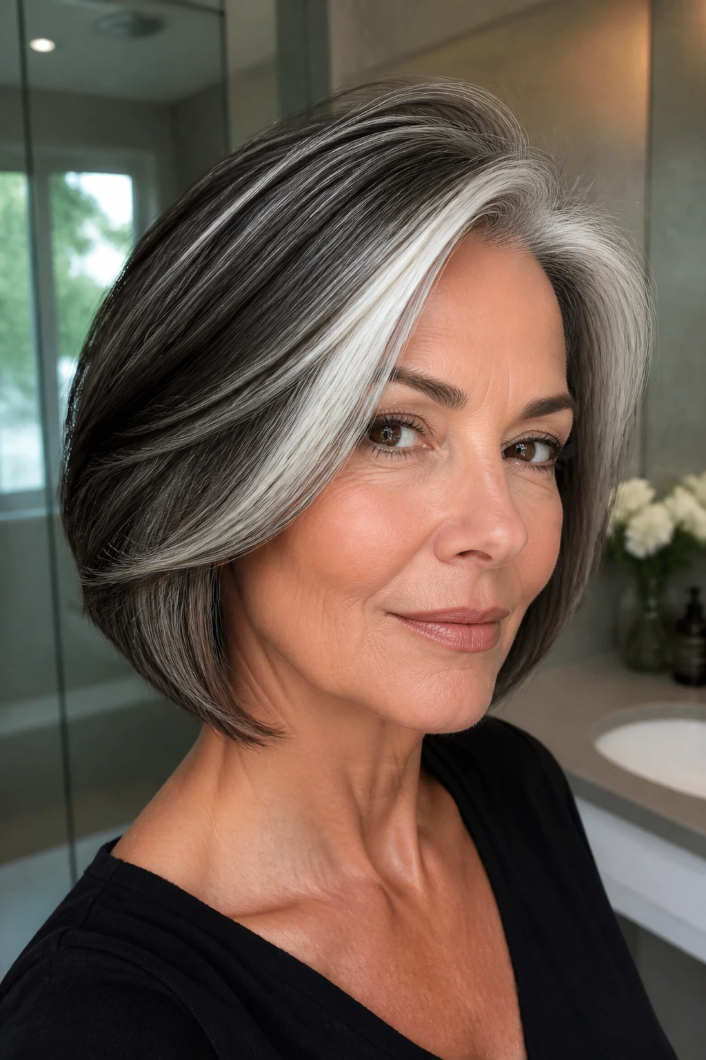 Portrait of a real woman with metallic silver accent streaks in the front and side panel.