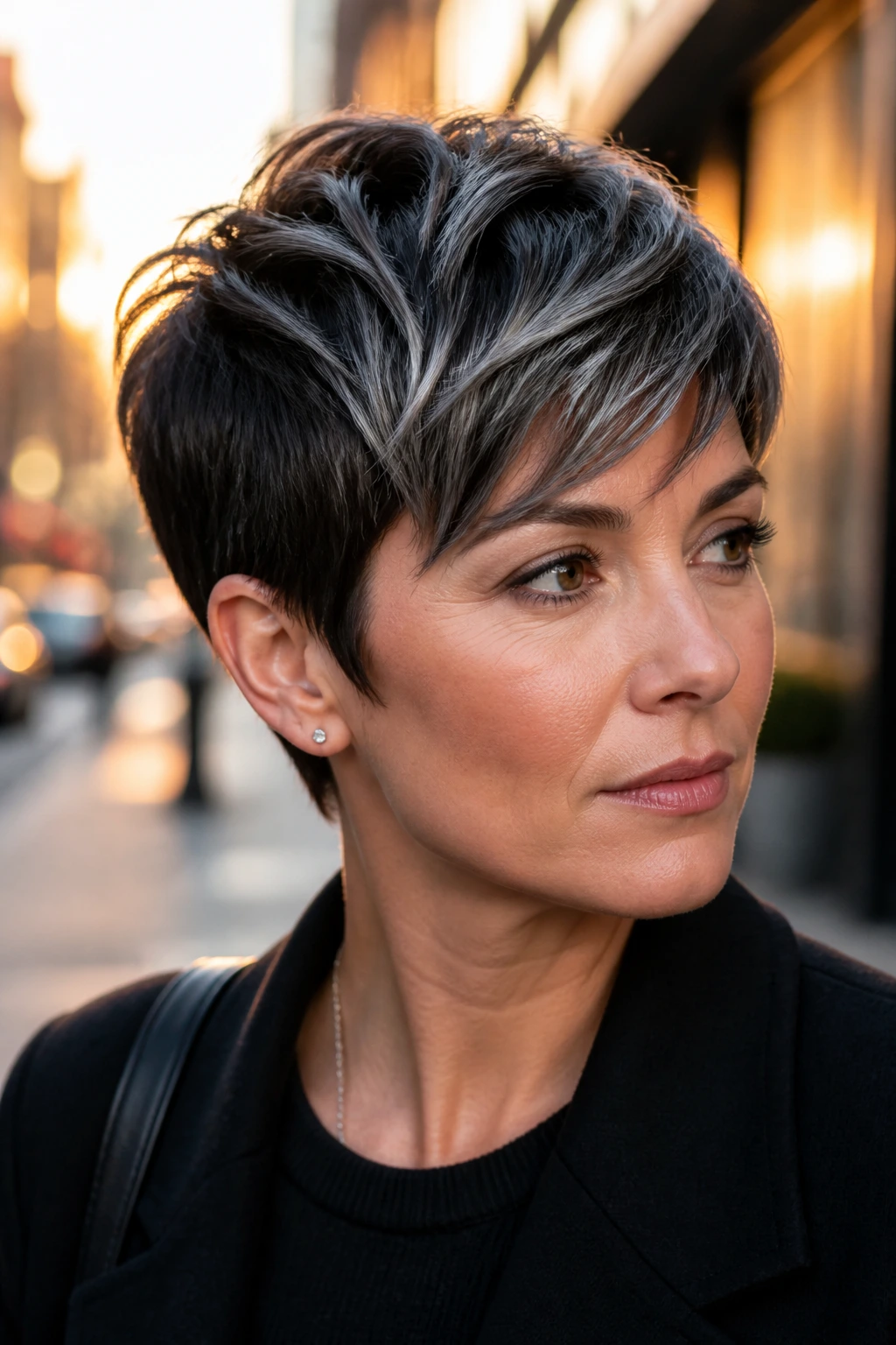 Real woman with dark pixie and smoked silver streaks close-up