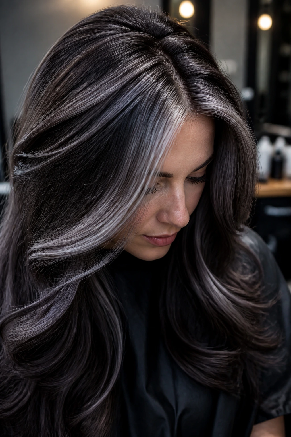 Thick dark hair with smoked silver streaks around front and crown