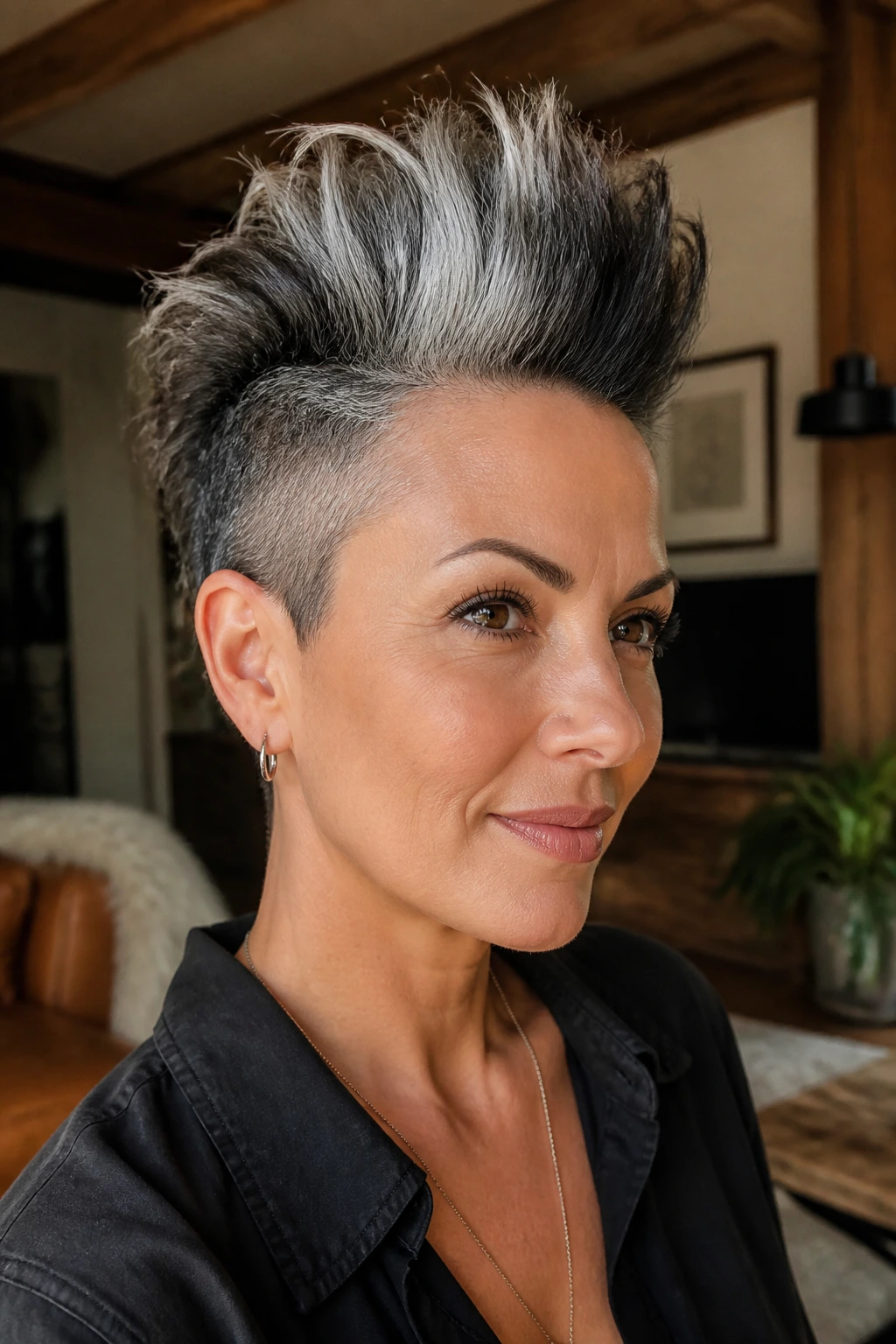 Close-up of a woman with a silver stripe mohawk and cropped sides