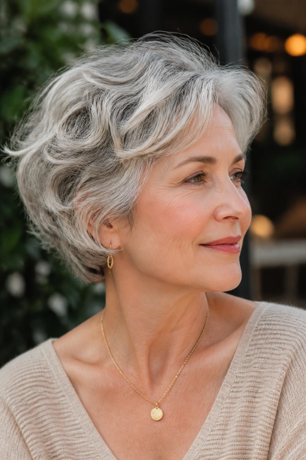 Portrait of a woman with a versatile short wavy hairstyle outdoors in daylight