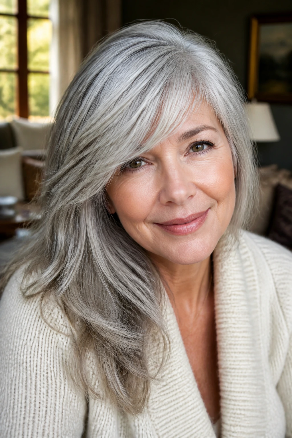 Close-up of an older woman with silver feathered bangs swept to the side, natural window light