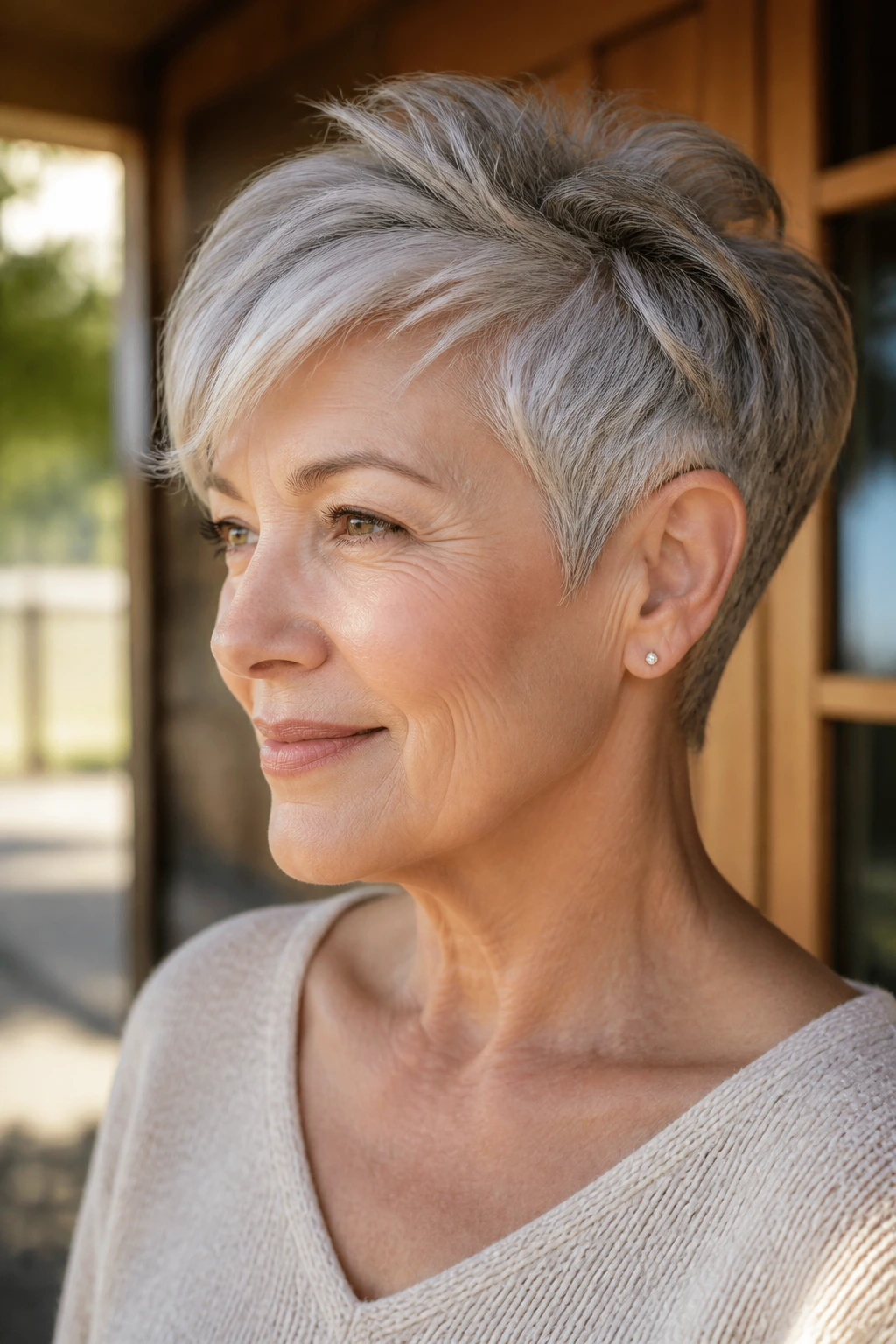 Older woman with silver tapered pixie and loose bend