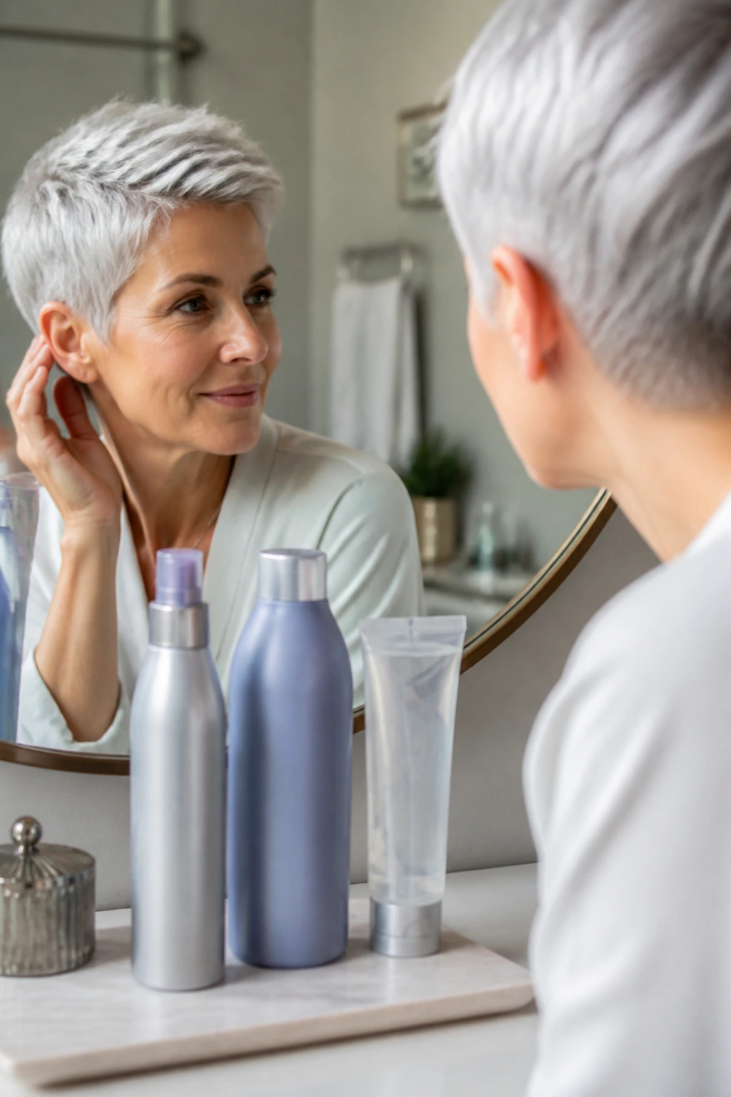 Close-up of unlabeled silver-tone hair care bottles on a vanity