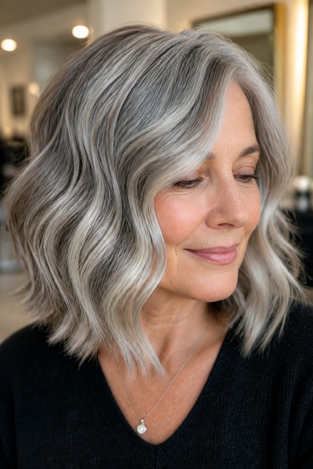 Close-up of a woman with a wavy lob and a soft silver veil caught in the waves