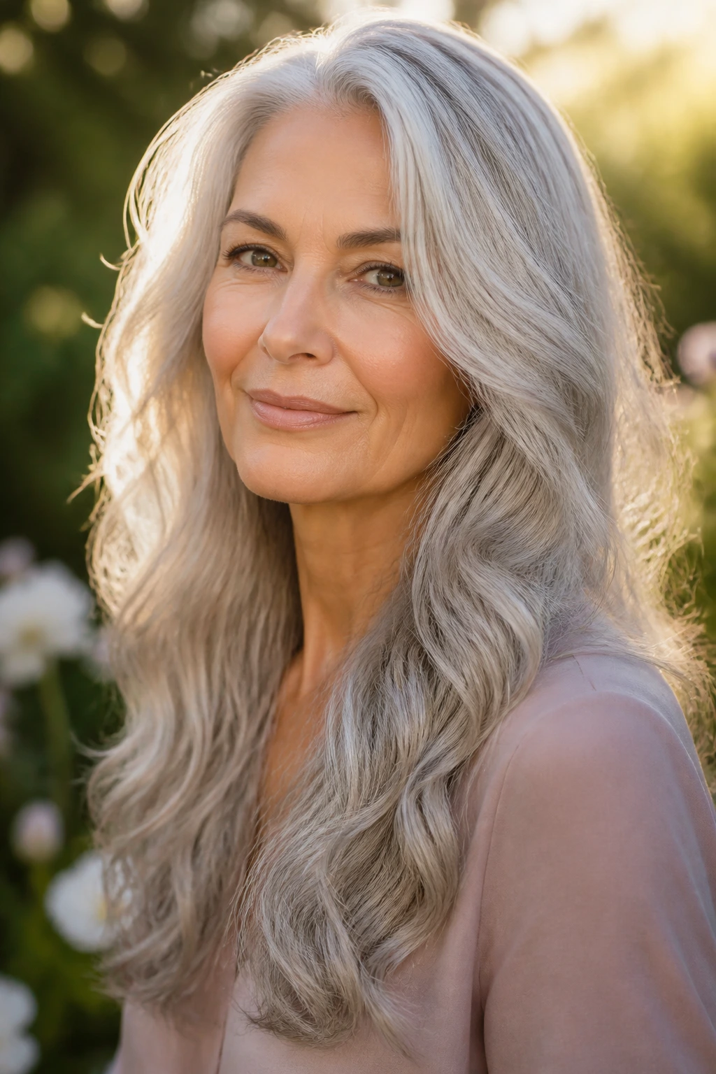 Close-up of a woman with soft silver waves catching golden hour light