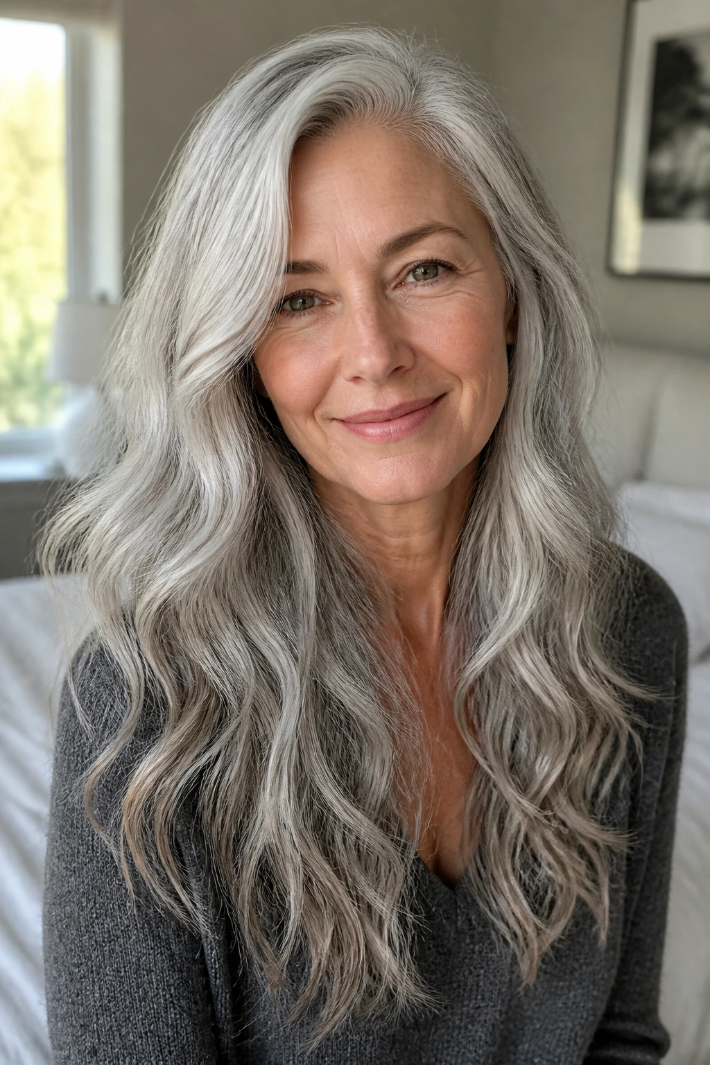 Real woman with cascading silver waves styled for soft movement