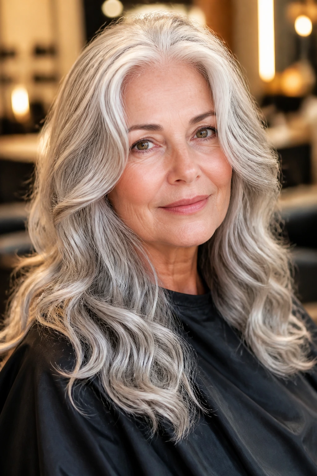 Older woman with silver hair in glossy loose waves.