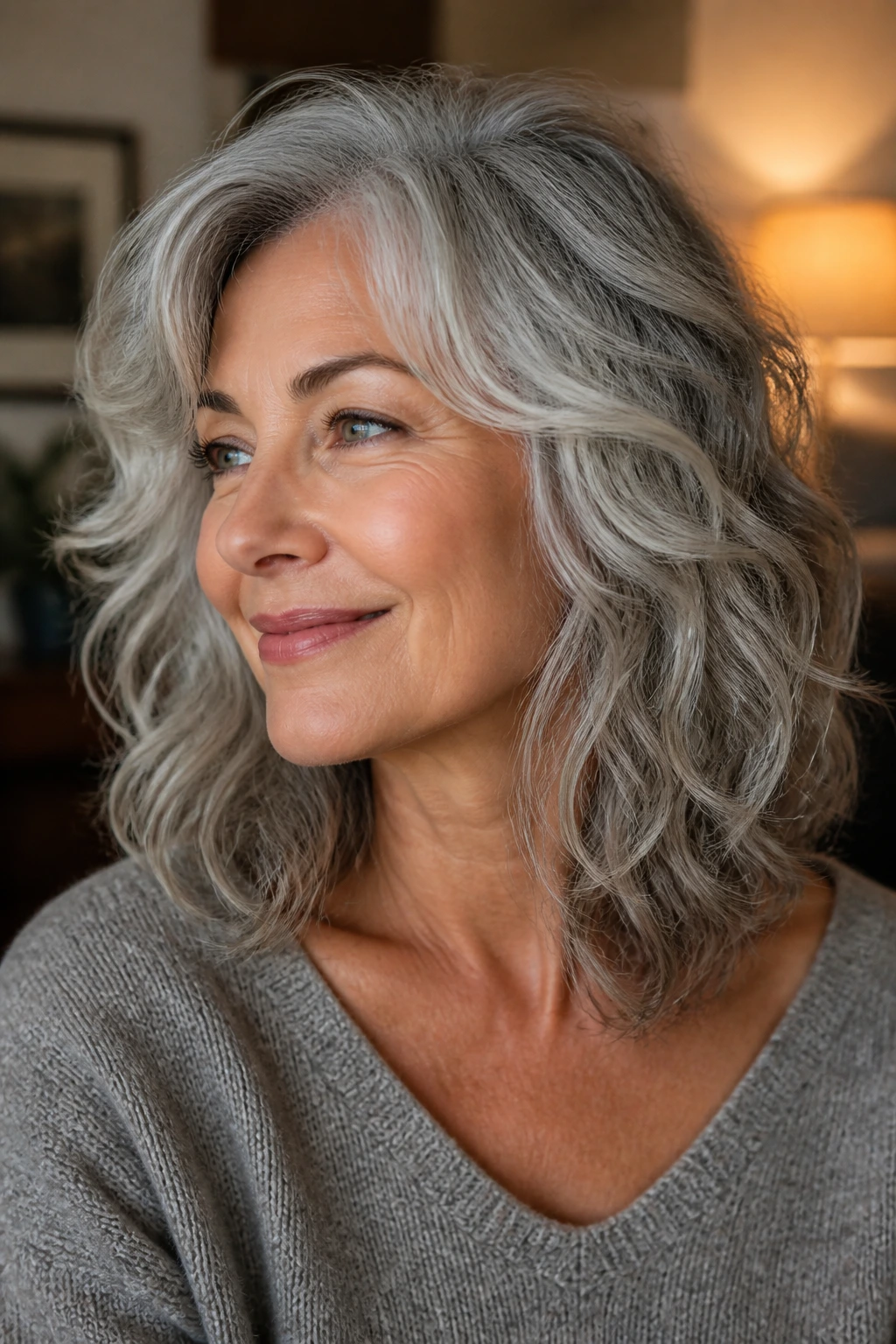 Close-up of a real person with silver waves shaped to move, soft lighting