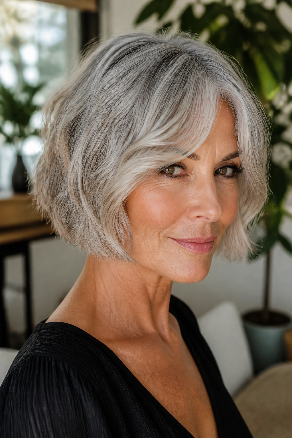 Close-up of a real woman with a silver wavy bob and curtain bangs.