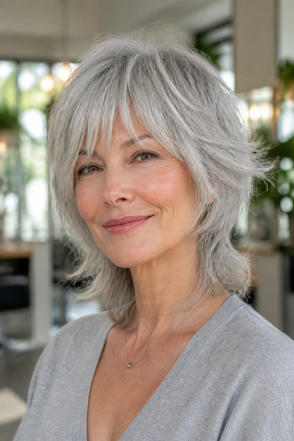 Close-up of a real person with a silver-friendly wolf cut and soft fringe in natural light