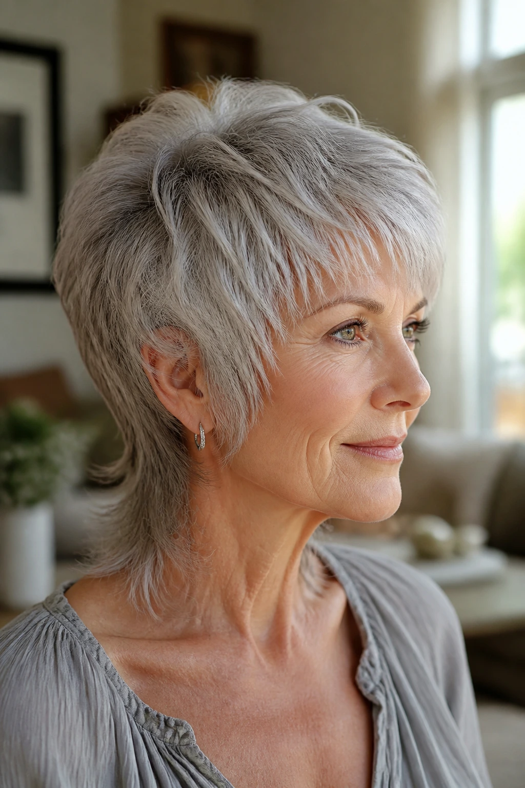 Portrait of a real woman with a silver wolf mullet and soft edge in a sunlit room