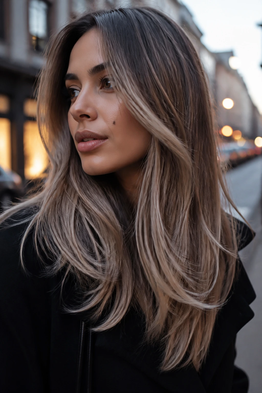 Portrait of a cool brunette with silvered beige hair.
