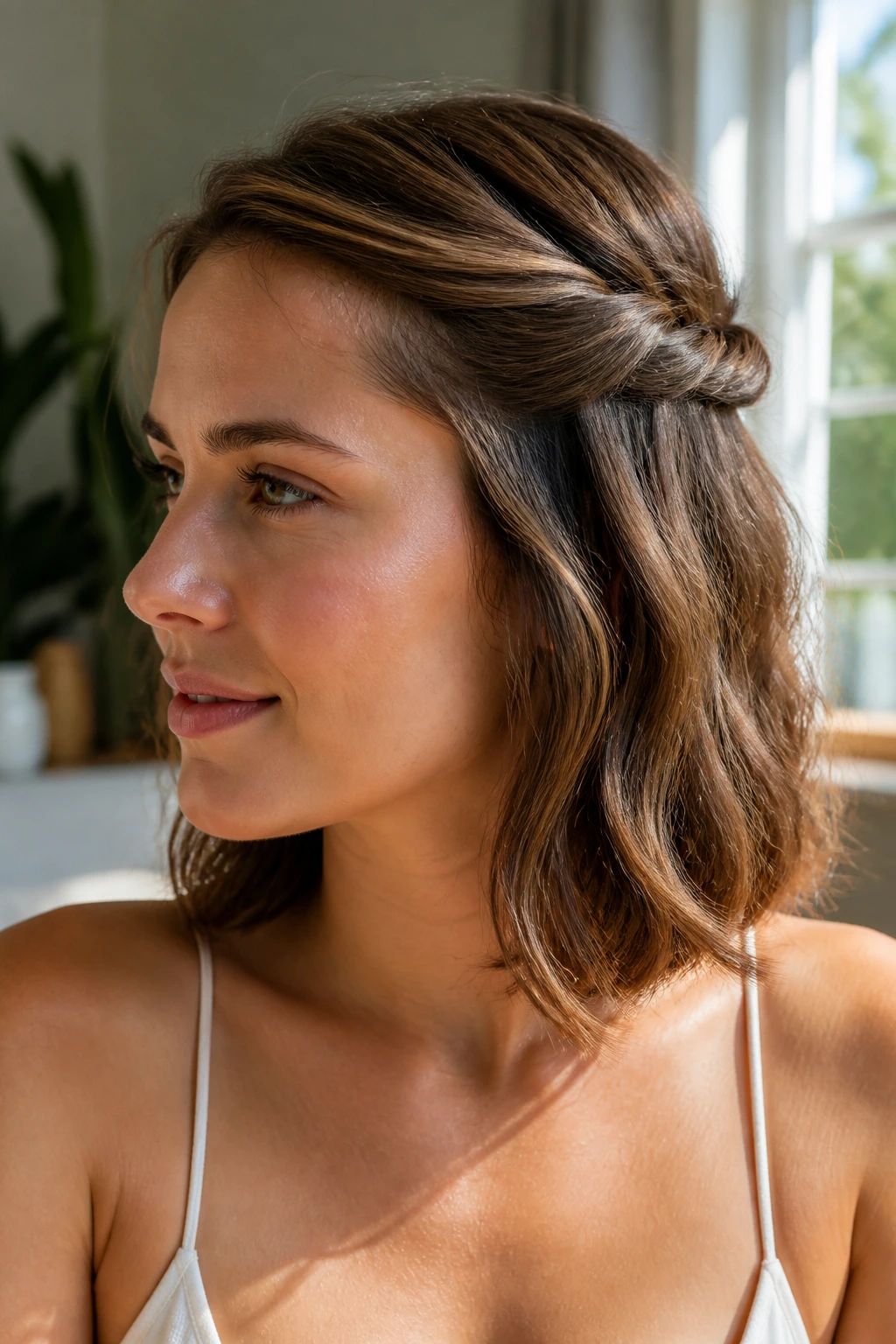 Close-up of a real woman with a simple half-up twist in a sunlit room
